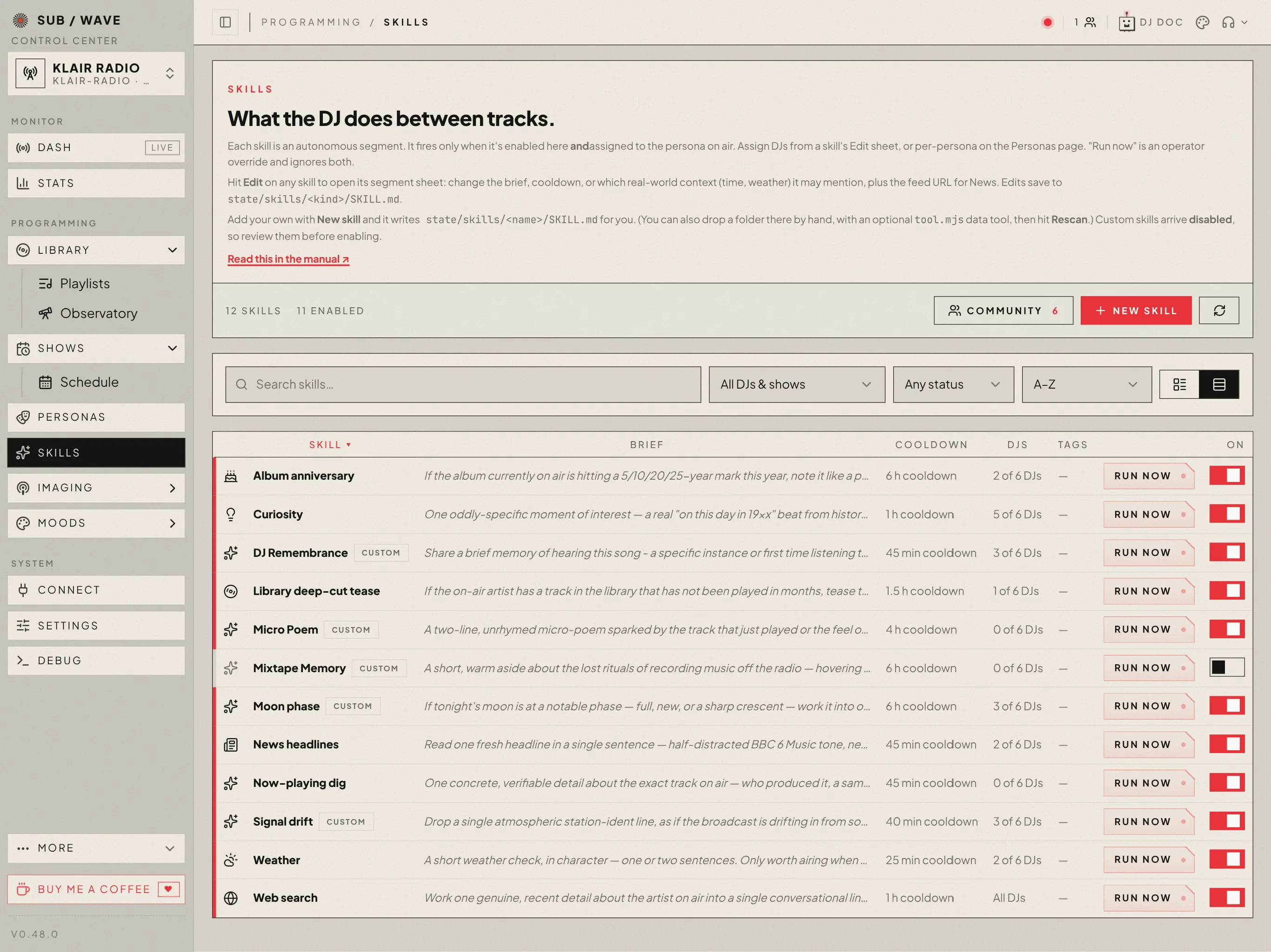 The admin Skills page, with a Community button carrying a count of available skills sitting next to New skill above the list. Two rows in the list are tagged CUSTOM